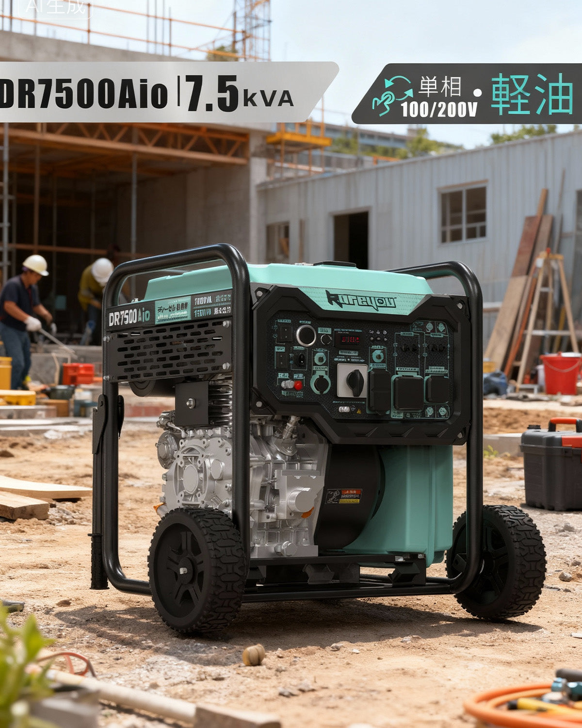 ディーゼル発電機インバーター 軽油発電機 オープン型7.5kVA出力 単相100/200V 20/30/50A出力 電圧切替可能 ワンプッシュ始動リモコン始動可能DR7500Aio