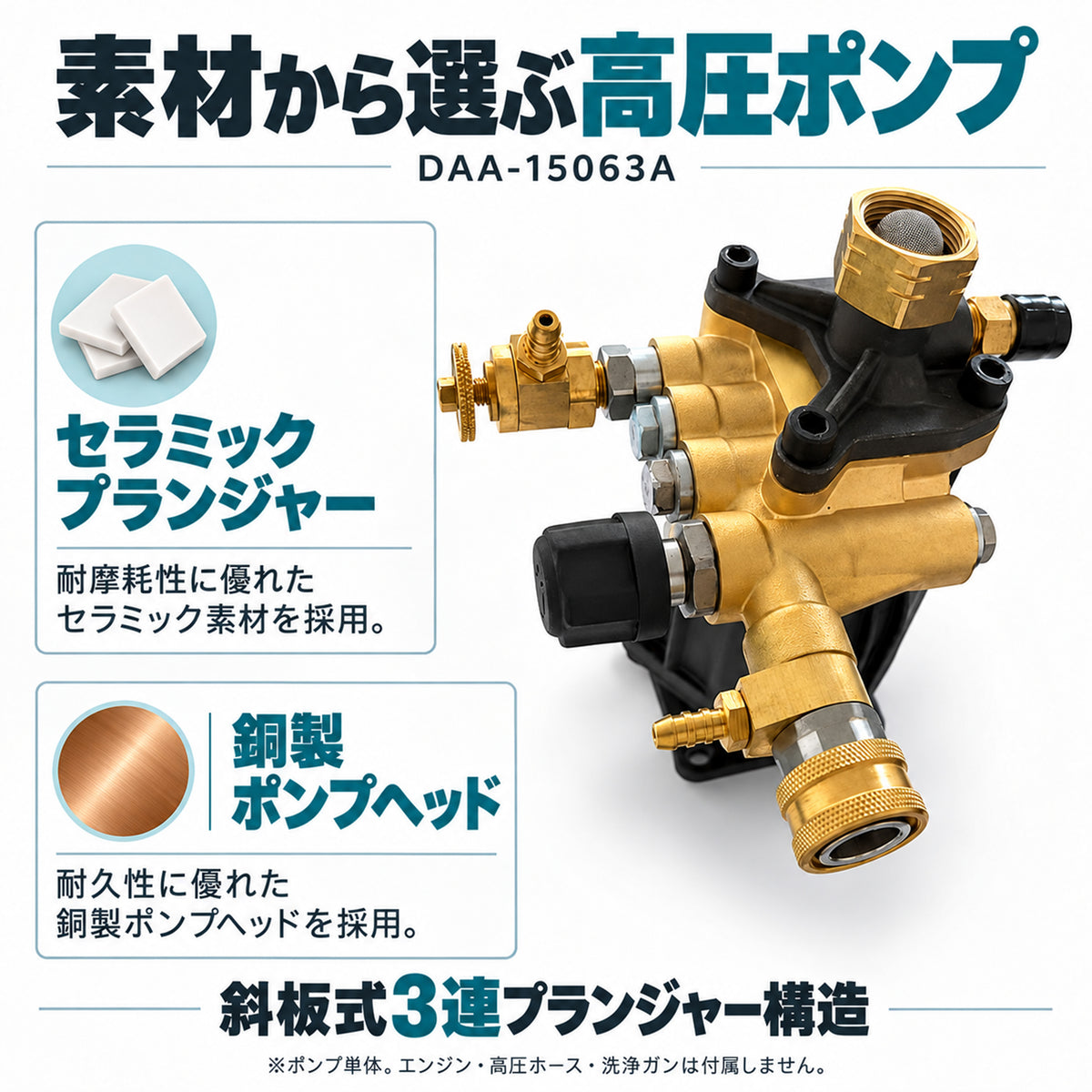 高圧洗浄機用ポンプ 3連プランジャー 19.3MPa 11.3L/min 斜板式3連プランジャーポンプ 自吸対応 3/8クイック接続 4Cr13 19.05mm軸