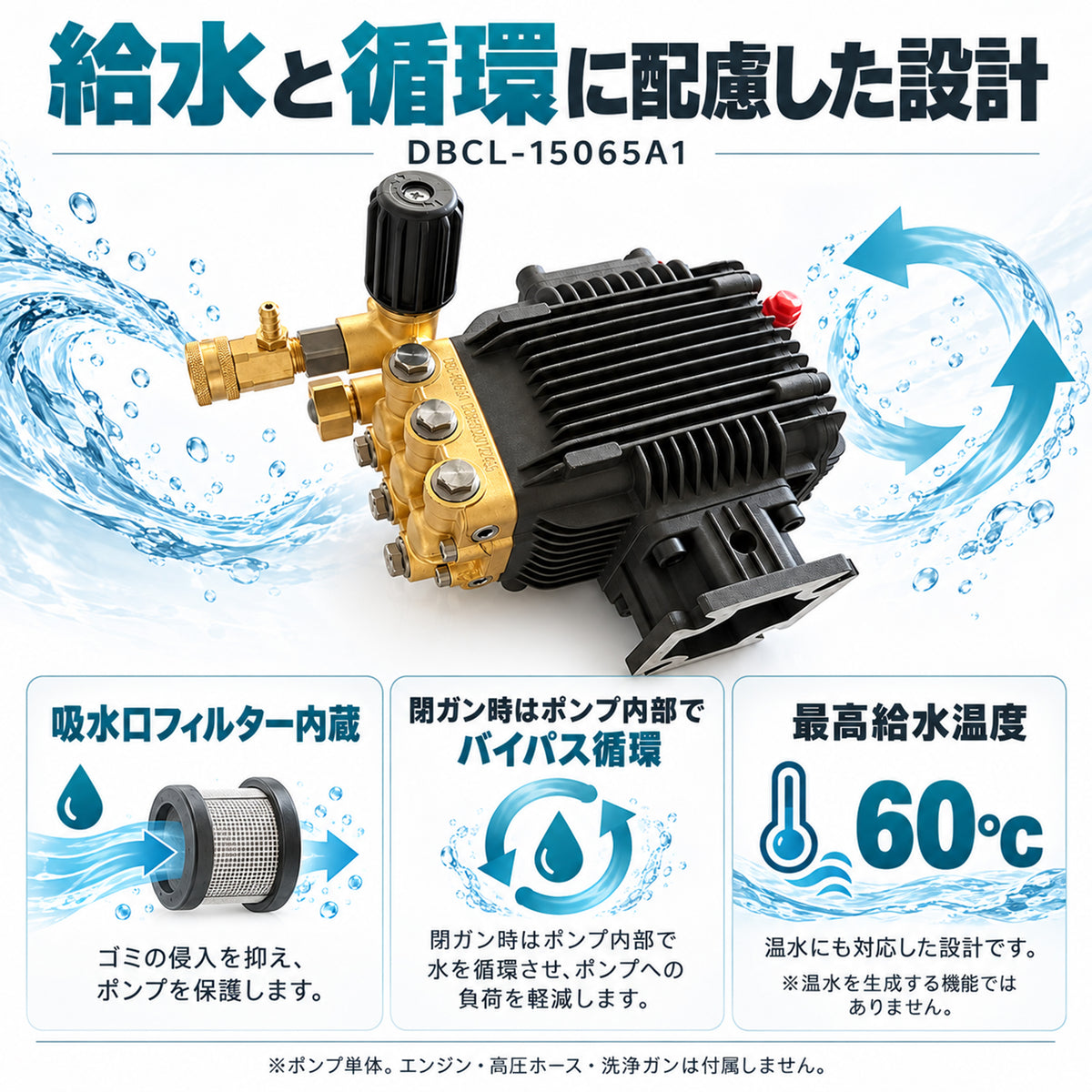 高圧洗浄機用ポンプ クランク式 セラミック溶射 20.6MPa 11.3L/min 450cc 19.05mm軸 12.6L/min 自吸1.5m 3/8接続